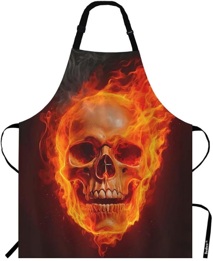 Fire Skull Chef Apron 27 X 31 Inch Fire Flame Devil Symbol of Danger Vintage Evil Skull Dead Non-Pilling Bib Apron for BBQ Grilling Gardening with Adjustable Neck Strap - sugar skull apron for women