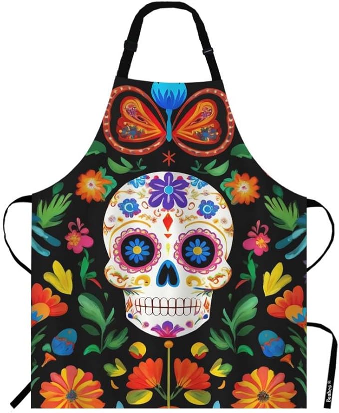 Mexican Sugar Skull Floral Kitchen Bib Apron Vintage Skeleton Head with Color Floral Leaves Polyester Adjustable Apron for Outdoor BBQ Gardening 27" X 31" for Chef Waitress - sugar skull apron for women
