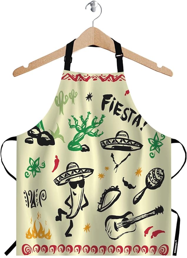 WONDERTIFY Mexican Symbols Doodle Design Apron,Cactus Guitar Sombrero Taco Skull Music Instruments Bib Apron with Adjustable Neck for Men Women,Suitable for Home Kitchen Cooking Waitress Chef Apron - sugar skull apron for women