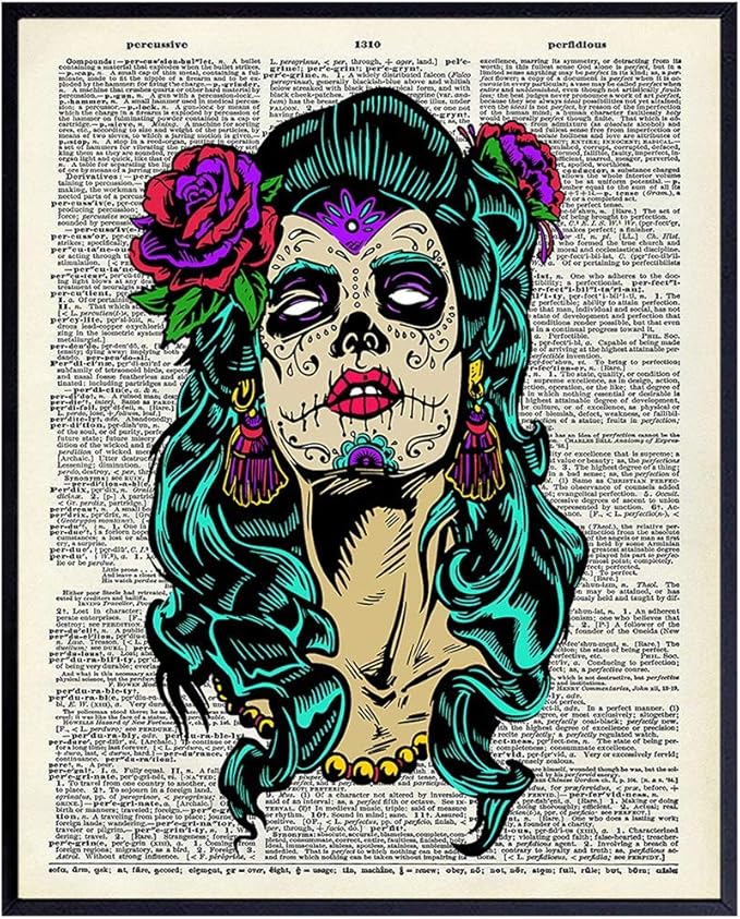 Day of the Dead Mexican Wall Art - Mexican Folk Art - Spanish Wall Decor - Sugar Skull Decor - Gothic Home Artwork - Goth Room Decoration for Halloween - Unique Gift - Creepy 8x10 Poster Print - sugar skull poster print