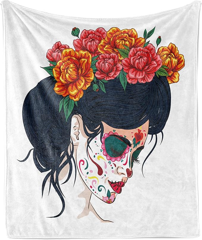 Ambesonne Day of The Dead Throw Blanket, Girl with Sugar Skull Makeup and Floral Wreath Cartoon Graphic, Flannel Fleece Accent Piece Soft Couch Cover for Adults, 50" x 70", Multicolor - sugar skull wreath for front door