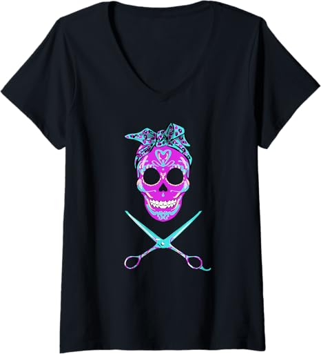 Womens Vintage Sugar Skull Hair Stylist Funny hairstylist V-Neck T-Shirt - sugar skull apron for women