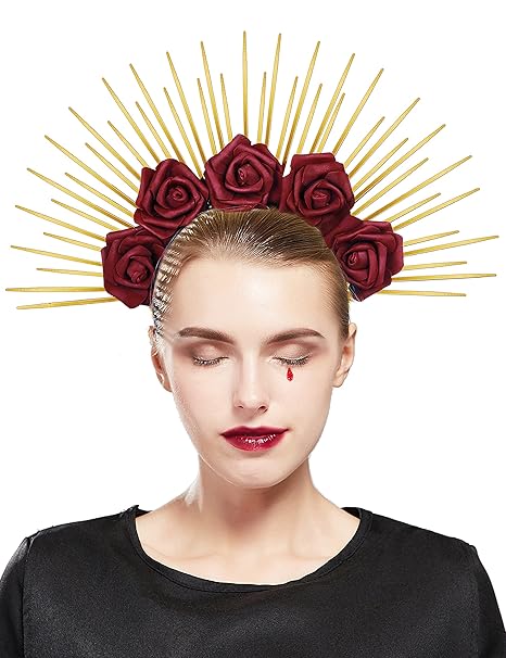 Fantherin Halo Crown with Roses Womens Mexican Flower Goddess Rose Spiked Sun Headpiece for Cosplay Halloween Costume - sugar skull flower crown