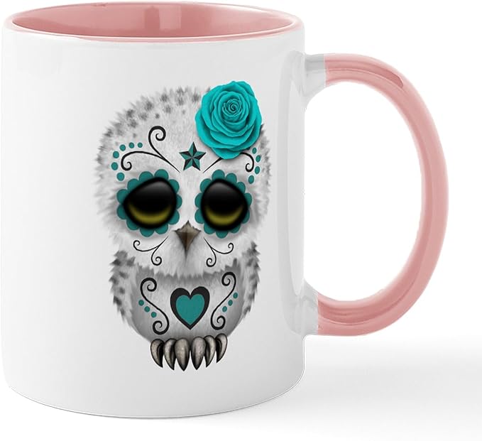 CafePress Cute Teal Blue Day Of The Dead Sugar Skull Owl Mug 11 oz (325 ml) Ceramic Coffee Mug - sugar skull coffee cup