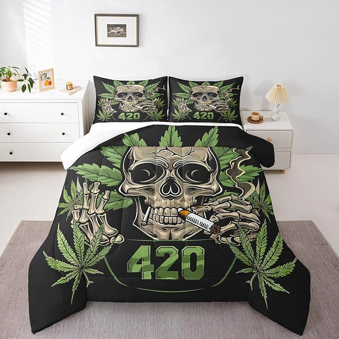 Erosebridal Marijuana Leaves Comforter Set, Sugar Skull Bedding Set Queen Size, Cannabis Leaves Weed Duvet Set for Kids Teens Adult, Skeleton Bones Bedding Comforters with 2 Pillow Cases, Black Green - sugar skull bedding set