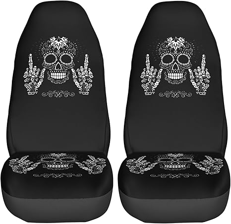 KiuLoam Sugar Skull Black Car Seat Covers, Front Vehicle Seat Protector Car Mat Covers, Universal Fit for Vehicle Sedan SUV and Truck Automotive Interior, 2 Pcs - sugar skull car seat covers set