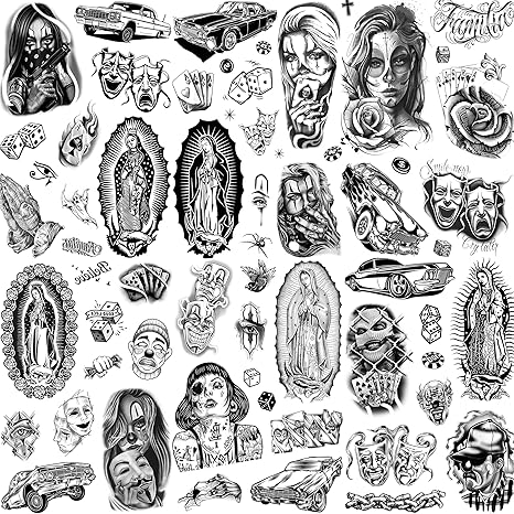 6 Sheets Large Chicano Temporary Tattoos For Men Women Adult, Chicana Guadalupe Gangster Fake Tattoos Prisoner Day of the Dead, Halloween Mexico Tattoo Stickers, Tatuajes Temporales Autocolante - sugar skull temporary tattoo