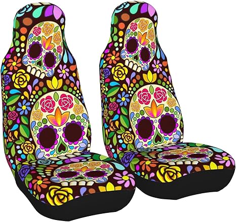 Delerain Car Seat Covers 2pcs, Sugar Skull Universal Front Car Seats Vehicle Enterior Protector Suitable Fits Most Car Auto SUV Sedan Truck - sugar skull car pet seat cover