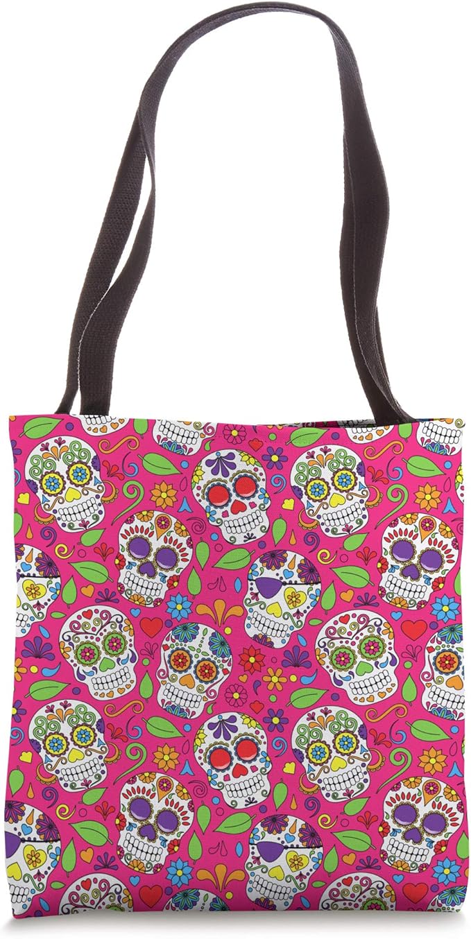 Cute Sugar Skulls Pink Florals Tote Bag - sugar skull handbags for sale