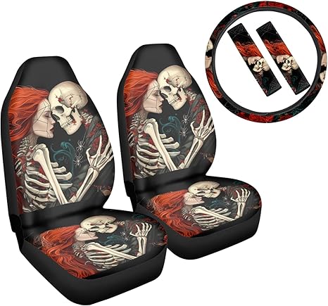Halloween Car Seat Covers Scary Skull Skeleton Auto Interior Accessories Sets 5 Pack with 1 Steering Wheel Cover+2 Seatbelt Pads Universal Fit Most Vehicles - sugar skull car seat covers set