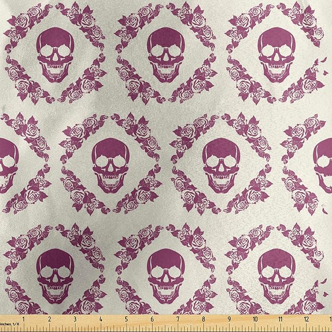 Ambesonne Sugar Skull Fabric by The Yard, Monochrome Style Calavera Inspired Surround by Circular Floral Wreath Print, Decorative Satin Fabric for Home Textiles and Crafts, 2 Yards, Fuchsia Cream - sugar skull wreath for front door