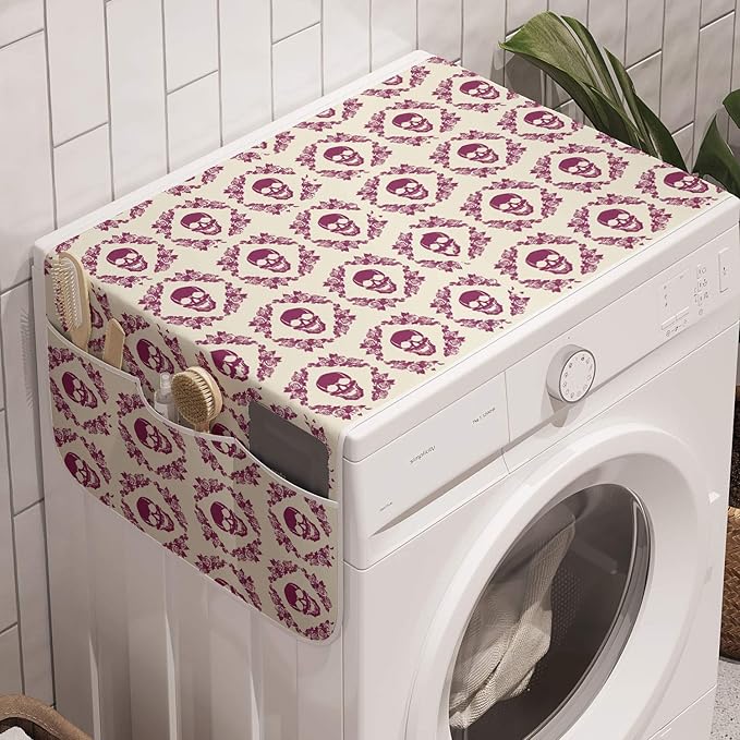 Ambesonne Sugar Skull Washing Machine Organizer, Monochrome Style Calavera Inspired Surround by Circular Floral Wreath Print, Anti-slip Fabric Cover for Washers and Dryers, 47" x 18.5", Fuchsia Cream - sugar skull wreath for front door