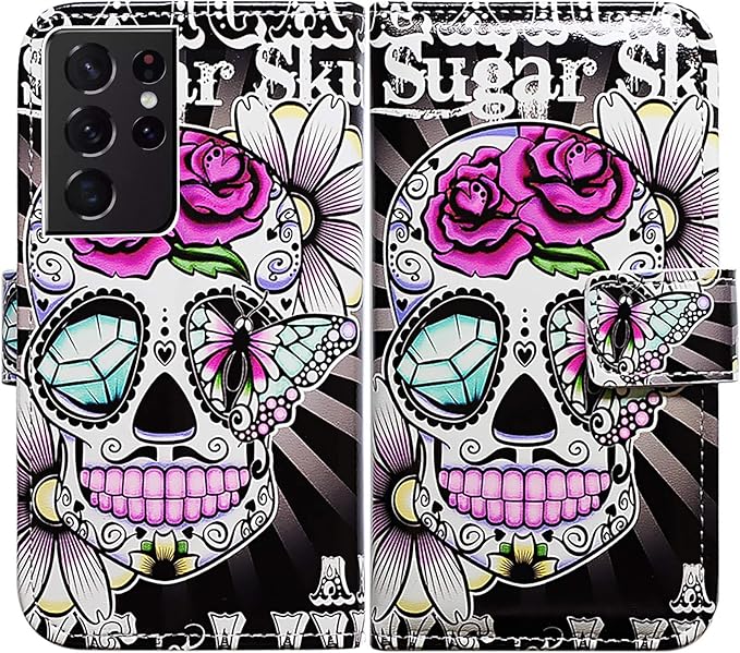 Bcov Case for Galaxy S21 Ultra 5G, Purple Flower Sugar Skull Leather Flip Phone Case Wallet Cover with Card Slot Holder Kickstand for Samsung Galaxy S21 Ultra - sugar skull wallets for women