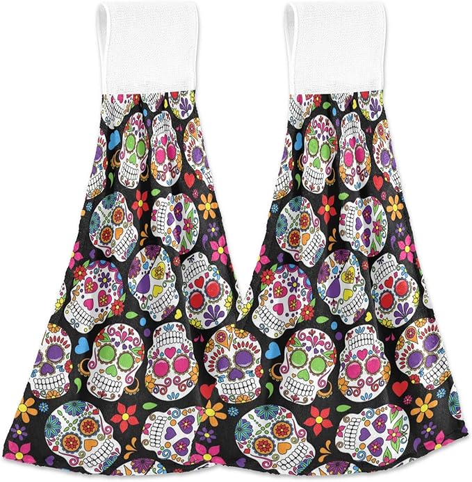 ALAZA Halloween Colorful Floral Sugar Skull Black Hanging Kitchen Hand Towels with Loop Super Absorbent Hand Towels Machine Washable 2 Piece Sets - sugar skull beach towel