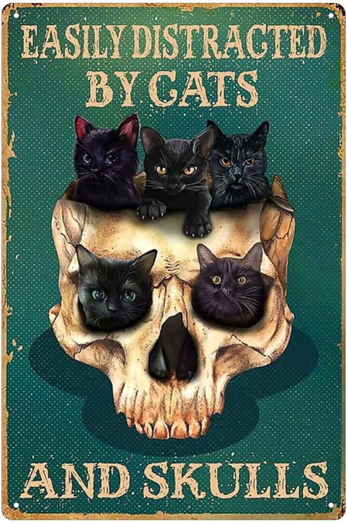 Yepzoer Skull and Cat Metal Retro Vintage Tin Sign Bar Wall Decor Poster 8x12 inch - sugar skull poster print