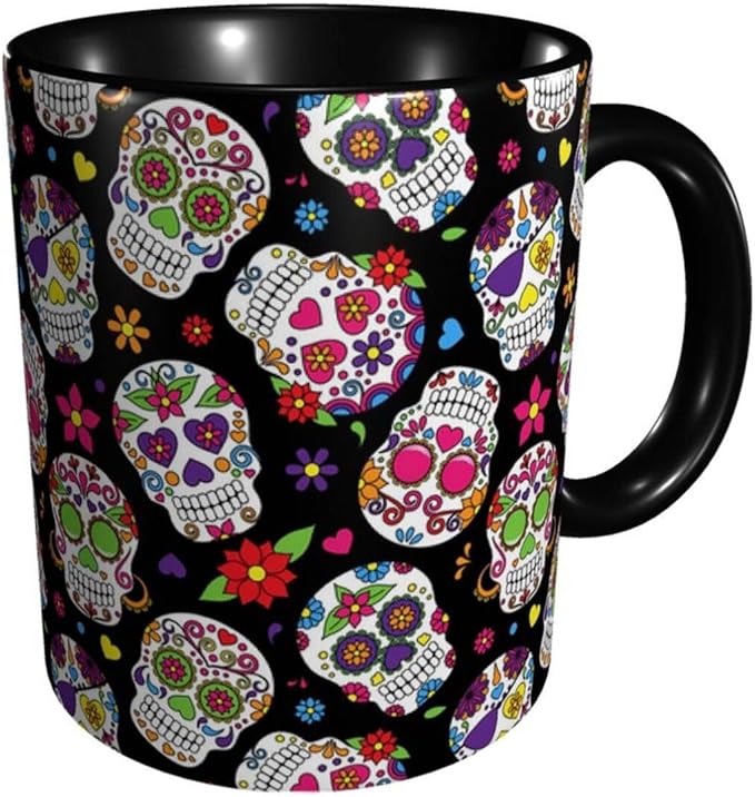 BLUBLU Funny Coffee Mug 11oz Novelty Ceramic Tea Cup for Gifts - Day of the Dead Sugar Skull - sugar skull tumbler with straw