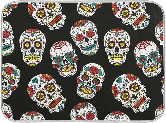 Day of The Dead Colorful Sugar Skulls Dish Drying Mat,16 x 18 Inches Microfiber Kitchen Countertop Table Protector Multi-Purpose Counter Rack Sink Drainer Pad - sugar skull beach towel