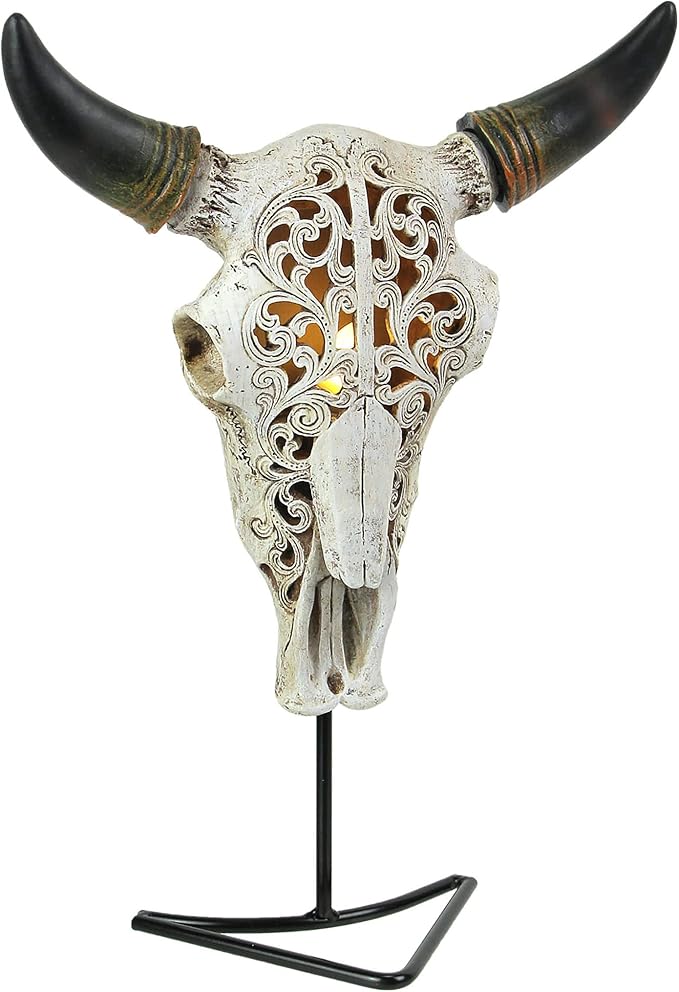 Zeckos Southwestern Style Steer Skull Resin Decorative Wall Sconce Or Table Accent Lamp with Removable Metal Stand & LED Bulb Western Décor - 11.5 Inches High - sugar skull table lamp