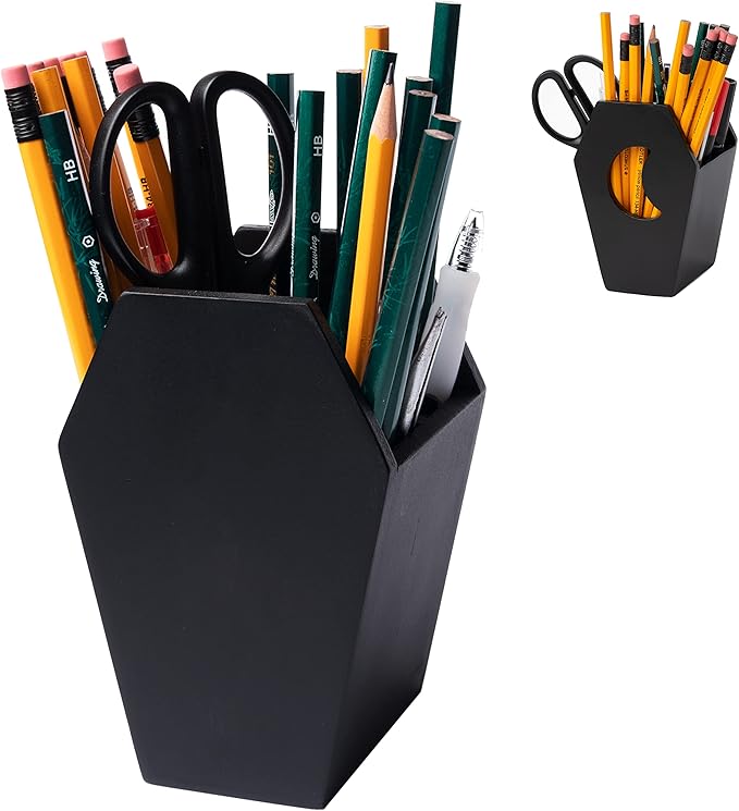 IRISVITA Small Coffin Pen Holder for Desk (Redesigned), Spooky Makeup Brush Holder, Gothic Decor for Home, Black Pencil Holder for Desk, Goth Room Decor, Mini Goth Vanity Organizer - sugar skull makeup kit