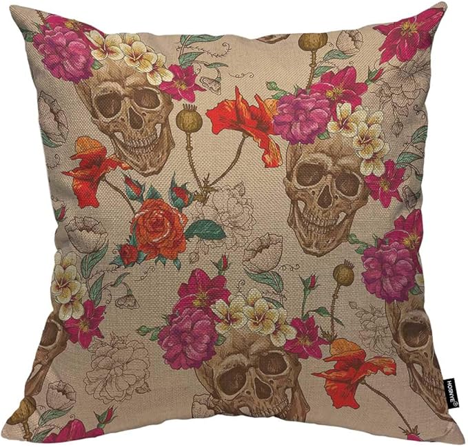 HOSNYE Skull and Flowers Throw Pillow Case Cushion Covers Sugar Skull Smiles Mexican Festival Halloween Cotton Linen for Couch Bed Sofa Car Waist 18 x 18 inch - sugar skull throw pillow
