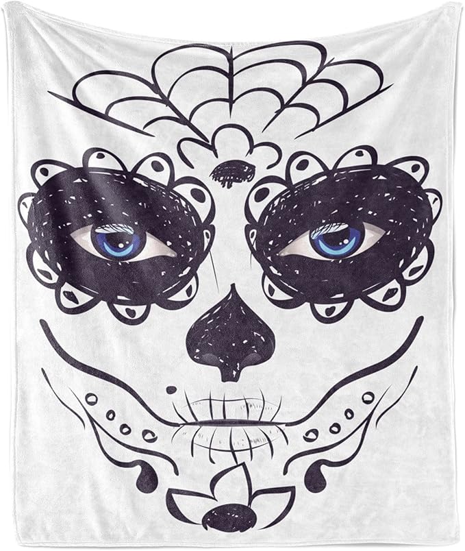 Ambesonne Day of The Dead Throw Blanket, Dia de Los Muertos Sugar Skull Girl Face Make up Print, Flannel Fleece Accent Piece Soft Couch Cover for Adults, 50" x 60", Black White and Blue - sugar skull throw blanket