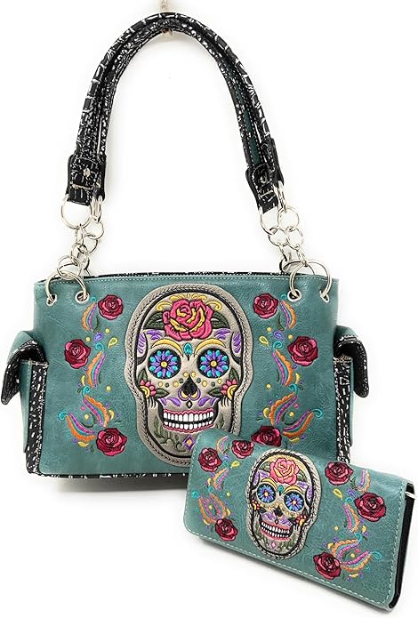 Women's Embroide Sugar Skull Handbag Purse Wallet Set in Multi Color (Turq) - sugar skull handbags for sale