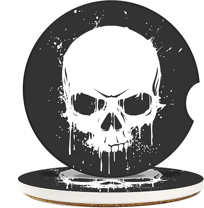 Britimes Absorbent Car Coasters 2 Pack for Cup Holders, 2.56" Ceramic Stone & Non-Scratch Cork Base Drink Coasters Skull1 - sugar skull car floor mats
