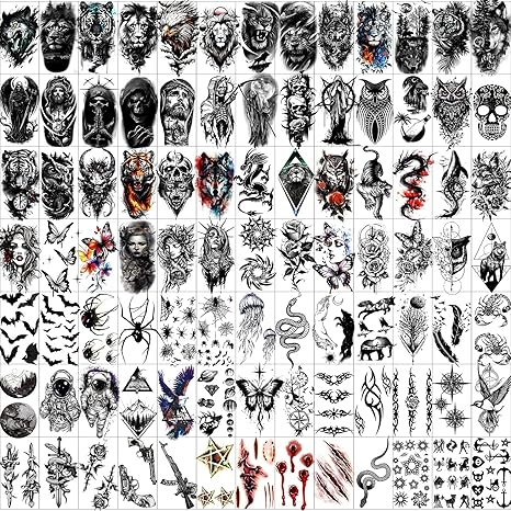 102 Sheets Halloween Tiny Temporary Tattoos Stickers, Fake Tattoos That Look Real And Last Long, Halloween Include Black Scary Wolf Lion Tiger Skeleton Skull Tattoos - sugar skull temporary tattoo
