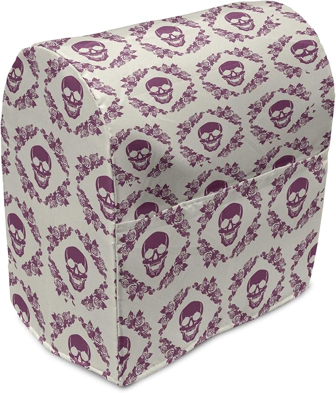Ambesonne Sugar Skull Stand Mixer Cover, Monochrome Style Calavera Inspired Surround by Circular Floral Wreath Print, Kitchen Appliance Organizer Bag Cover with a Pocket, 6-8 Quarts, Fuchsia Cream - sugar skull wreath for front door