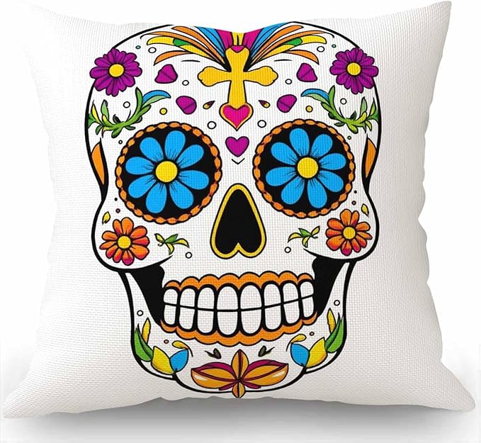 Swono Sugar Skull Rustic Farmhouse Style Decorative Throw Pillow Cover Cushion Case for Sofa Couch Housewarming Present Home Decor Cotton Linen 18" x 18" Inch - sugar skull garden decor