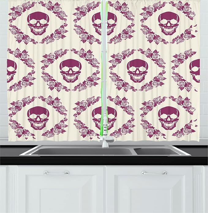 Ambesonne Sugar Skull Kitchen Curtains, Monochrome Style Calavera Inspired Surround by Circular Floral Wreath Print, Window Drapes 2 Panel Set for Kitchen Cafe Decor, 55" x 39", Fuchsia Cream - sugar skull wreath for front door