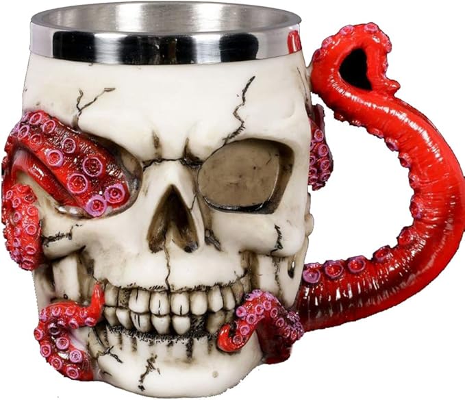 Skull Mug Parasite Octopus Beer Coffee Mugs with Tentacle Handle, Stainless Steel and Resin Tankard Skeleton Cranium Skull Beverage Drinking Cup for Ossuary Macabre Halloween Decorative Accent - 13oz - sugar skull tumbler with straw