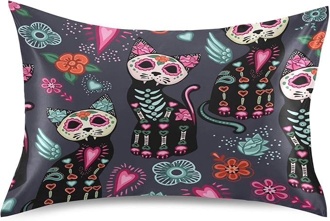 Satin Pillowcase for Hair and Skin, Standard Size Day of The Dead Cat Sugar Skull Flower Decorative Pillow Sham with Envelope Closure Pillow Cover for Bedroom Hotel - sugar skull throw pillow