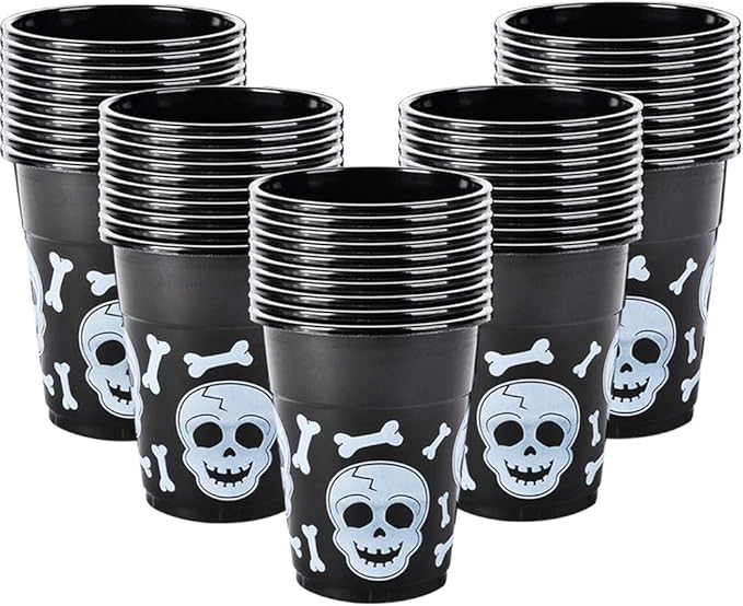 ArtCreativity 50 set Halloween Skull Cups – 16oz Black Plastic Cups for Spooky Drinks & Party Decor – Disposable Drinkware for Trick-or-Treat, Pirate Themes, Kids Parties & Haunted Events - sugar skull coffee cup