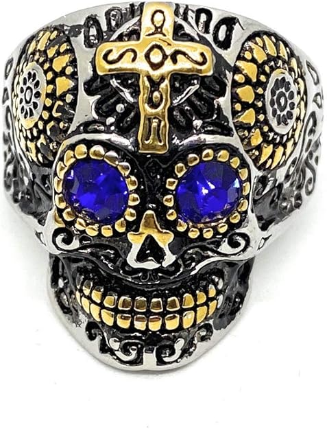 D&L Menswear Two Tone Gold & Silver Plated Stainless Steel Sugar Skull Gothic Cross Ring with Blue Rhinestone Eyes - sugar skull plates set