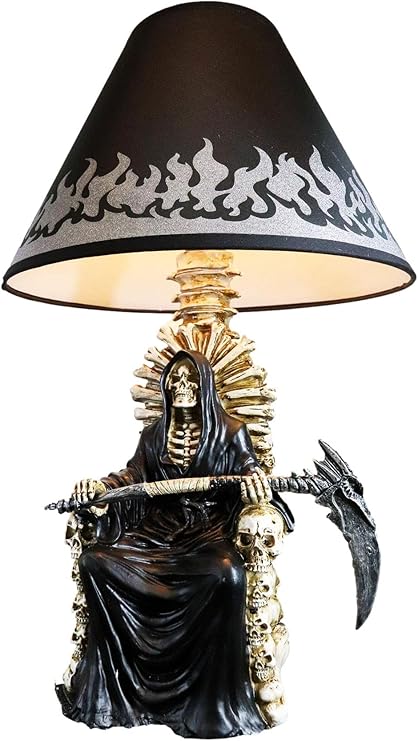 Ebros Gift Ghastly Wisdom Grim Reaper with Scythe Seated On Skulls and Skeleton Bones Throne of Justice Sculptural Desktop Table Lamp with Fabric Shade Ossuary Macabre Decorative Accent Light - sugar skull table lamp