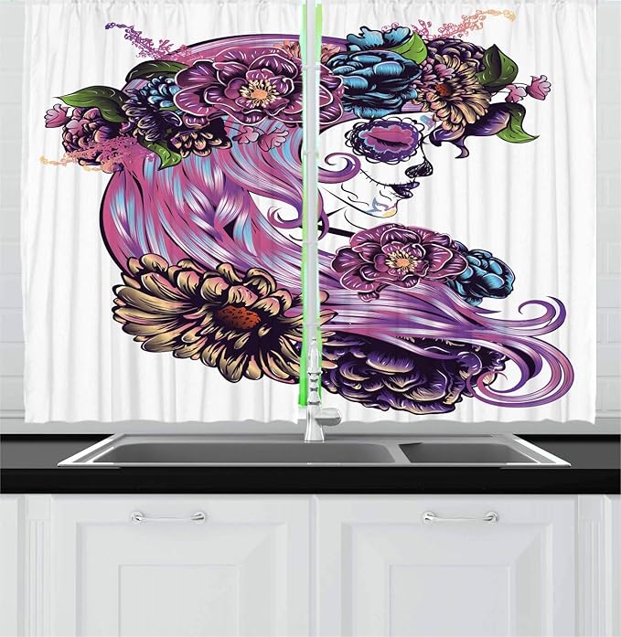 Lunarable Gothic Kitchen Curtains, Day of Dead Sugar Skull Girl in Flower Wreath Print Latin American Illustration, Window Drapes 2 Panel Set for Kitchen Cafe Decor, 55" X 39", Multicolor - sugar skull wreath for front door