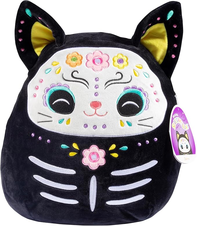 Squishmallows 12-Inch Zelina The Day of The Dead Cat - Soft Plush Black Kitty with Sugar Skull Design - Collectible Stuffed Animal Pillow - Limited Edition 2025 - Gift for Kids, Boys, Girls & Adults - sugar skull throw pillow