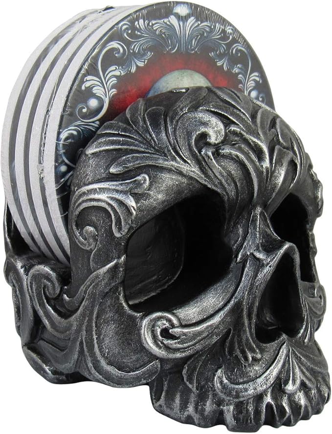 DWK Deathly Delights Decorative Gothic Skull Drink Coasters | 4 Piece Coasters for Drinks Absorbent with Holder Set | Home Decorations for Living Room | House Warming Presents - 5" - sugar skull coasters set