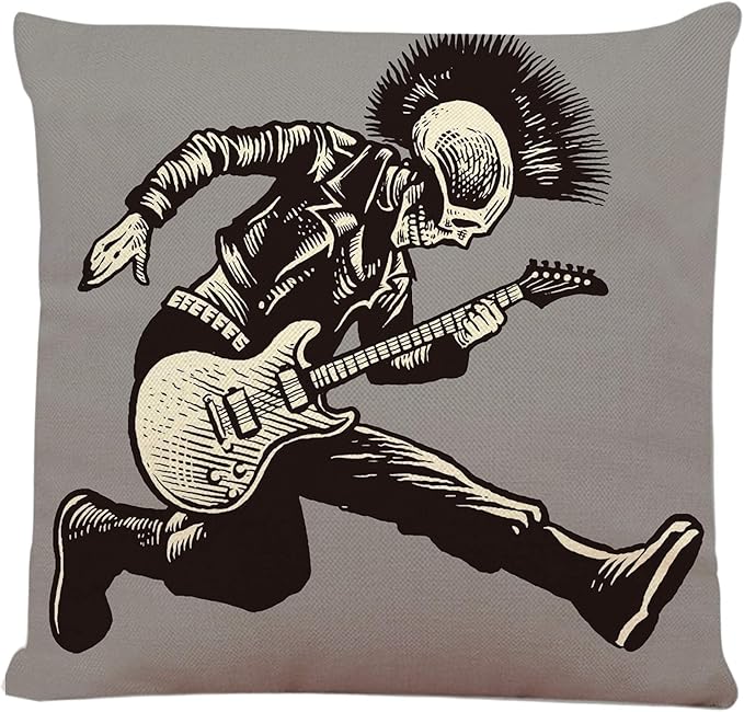 Throw Pillow Cover Rock Skull Punk Guitarist Music Skeleton Jacket Guitar Hand Square Decorative Throw Pillow Cushion Case for Home Couch Living Room Bed Sofa Car 18 x 18 Inches Pillowcase - sugar skull throw pillow