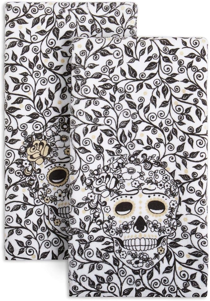 Fiesta Skull & Vine Kitchen Towel Set, 16"x28",Cotton, Black & White - sugar skull beach towel