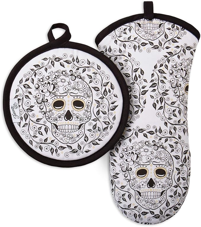 Fiesta Skull & Vine Oven Mitt & Pot Holder Set, Multi-colored 6.5"x13"; 8"x8" - sugar skull beach towel