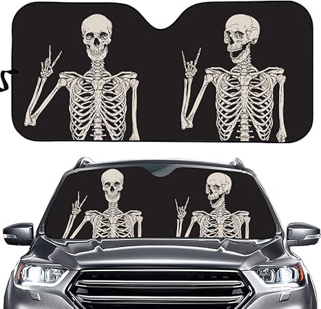 Funny Skull Car Windshield Sunshade Gothic Hippie Skeleton Sun Visor Protector Front Window Shade, Keeps Out UV Rays, Keeps Your Vehicle Cool, Black - sugar skull car sunshade for windshield