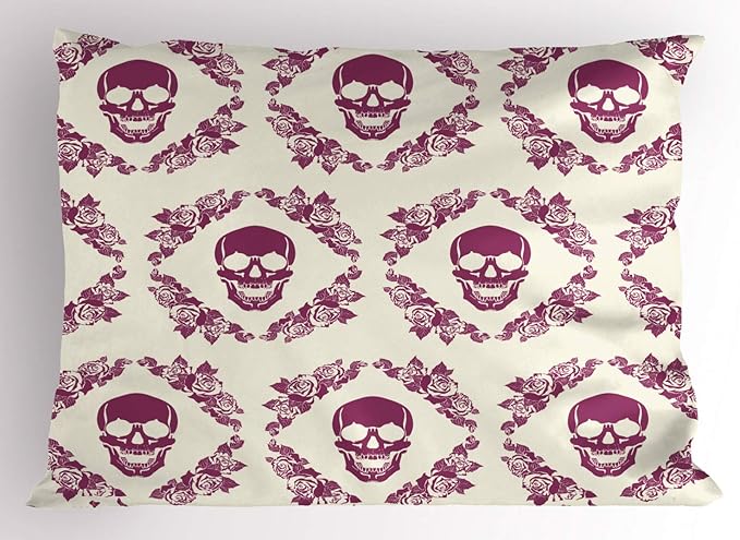 Ambesonne Sugar Skull Pillow Sham, Monochrome Style Calavera Inspired Surround by Circular Floral Wreath Print, Decorative Standard Size Printed Pillowcase, 26" X 20", Fuchsia Cream - sugar skull throw pillow