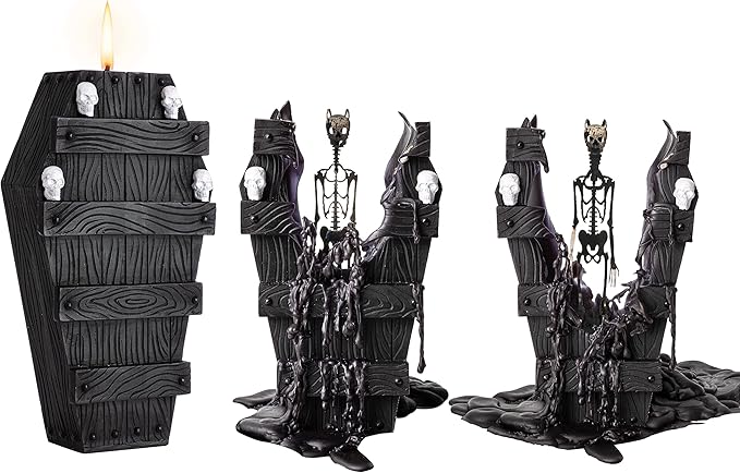 Skull Candle R.I.P. Coffin Skeleton Candles 7x5 Inches Burns 12 Hours! Spooky Decorations & Decor - Skull & Bones Goth - Spooky Horror Gift Gothic Vintage Gift Trick Or Treat Skull Farmhouse - sugar skull candle holder