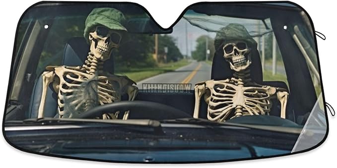 Qilmy Car Sunshade for Windshield Foldable Automotive Sun Visor Protector for SUV Truck Front Window, Auto Skull Human Skeleton Drive - sugar skull car sunshade for windshield