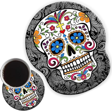 Ergonomic Mouse Pad Wrist Rests Support, Non Slip Mousepads with Gel Cushion Wrist Support,Comfortable Durable Mouse Pads for Home Office Working Pain Relief & Cute Coasters Sugar Skull - sugar skull coasters set