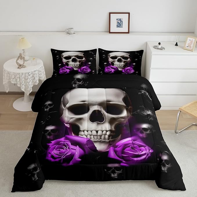 Sugar Skull Comforter Set Purple Floral Bedding Set Gothic Skull Print Down Comforter for Kids Adults Room Decor Skeleton Bones Blossoms Duvet Insert with 1 Comforter and 2 Pillow Cases Queen Size - sugar skull bedding set