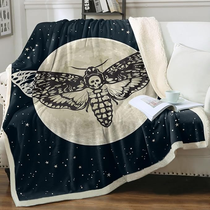 Sleepwish Luna Moth Blanket Adult Death Moth Skull Throw Blanket Black Galaxy Star Fleece Blankets for Kids Teens Boys Men Gothic Halloween College Dorm Sherpa Blanket (50"x60") - sugar skull throw blanket