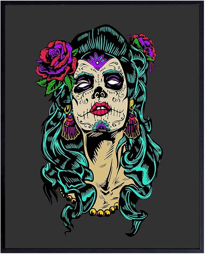 Mexican Wall Art Decor - Sugar Skull Decor - Day of the Dead Mexican Wall Art - Gothic Home Picture - Goth Room Artwork for Halloween - Folk Art - Unique Gift - Creepy Scary Witch Poster Print - sugar skull poster print